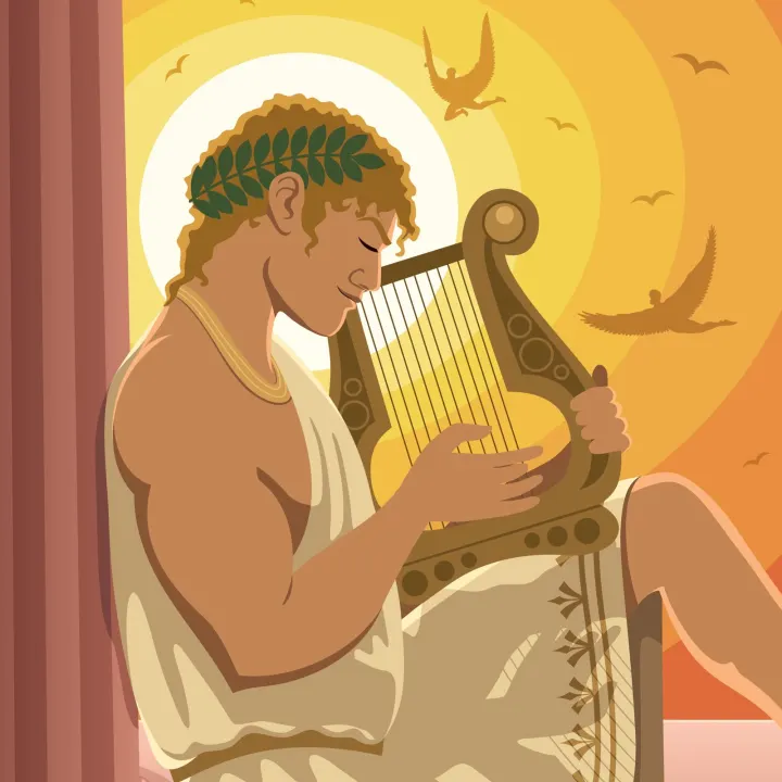 Cover art for the poem Your Melody: a figure in a laurel crown playing a lyre